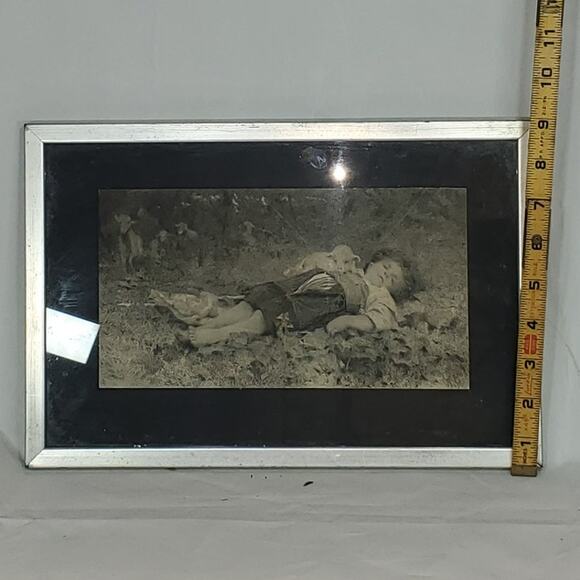 Vintage B&W Print Boy Sleeping in Grass Scene Framed Wall Art Countryside 17x10 - Picture 4 of 4